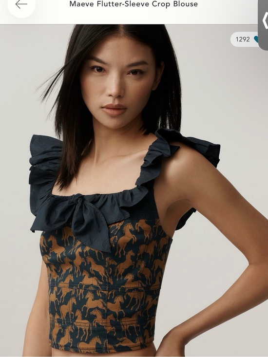 Maeve Tops - Maeve Navy & Brown Horse-Print Ruffle Tie-Front Crop Top